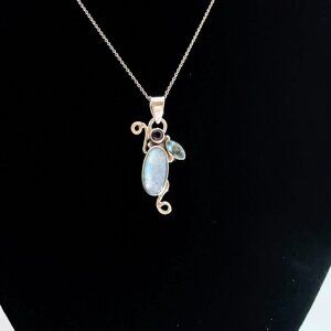 Silver Australian Boulder Opal Pendant Necklace W/ Amethyst & Blue Topaz